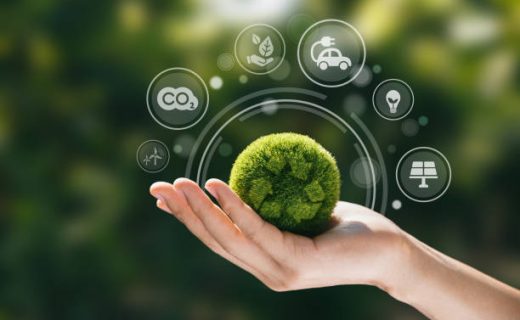 Hand of human holding green world with environment icon, Save world, sustainable environment concept.